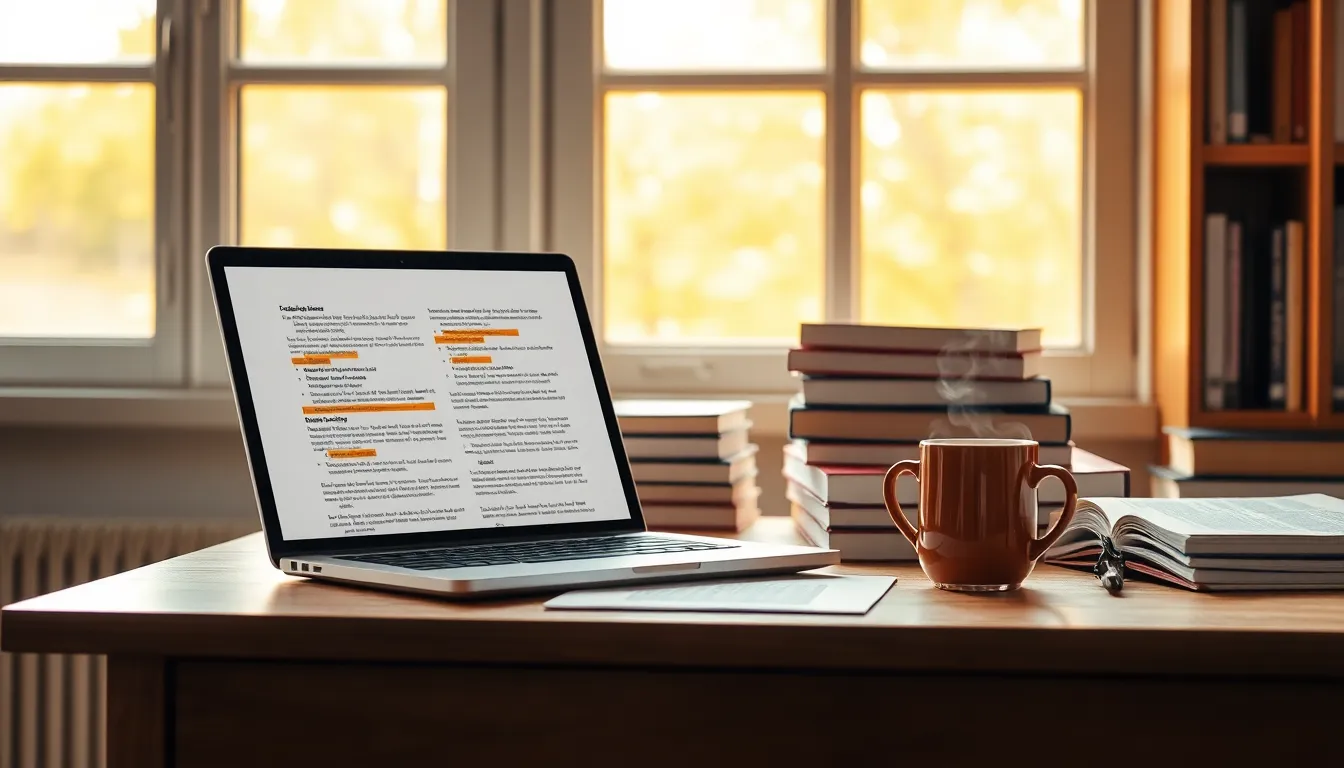 노트와 펜, 노트북이 있는 책상에서 논문 수정 계획을 세우는 모습