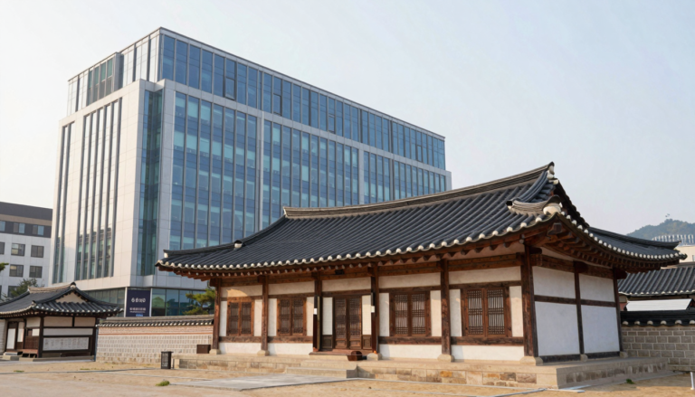 한옥과 서양식 현대 건물이 나란히 서서 문화적 대비를 보여주는 풍경
