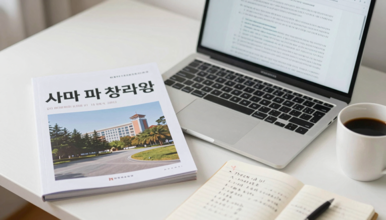KCI 등재 논문 작성을 위한 연구자의 책상 위에 놓인 학술지와 노트북, 필기 도구가 차분한 분위기를 연출하는 이미지
