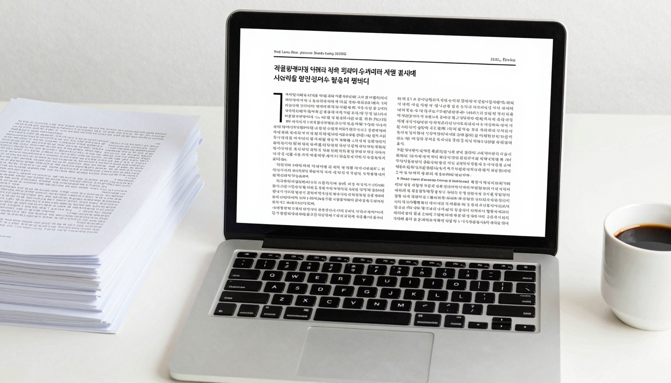 노트북 화면에 KCI 논문이 떠 있고 종이 자료와 커피가 있는 연구 환경 이미지
